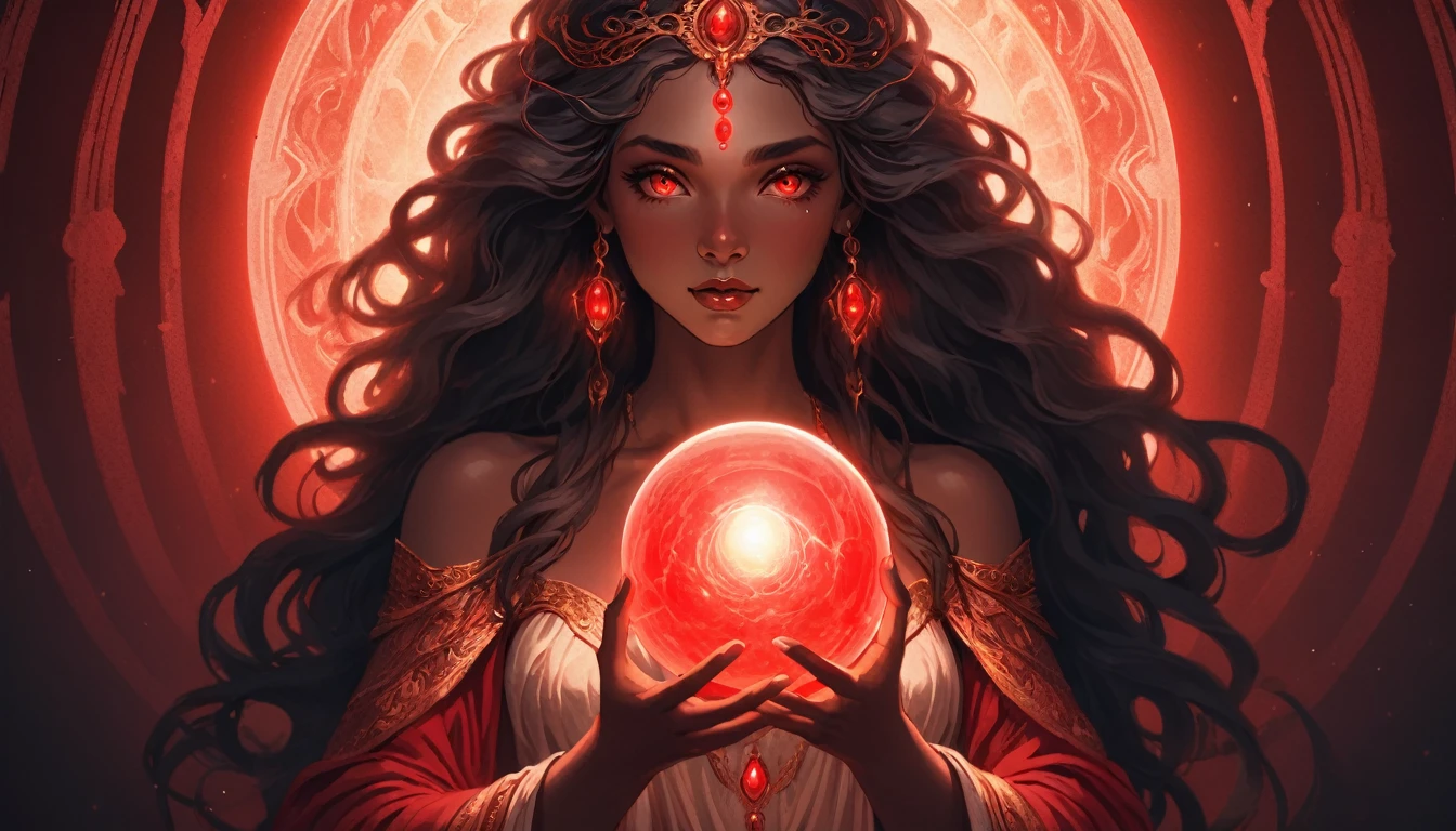 a beautiful goddess holding an orb of glowing red light, ethereal and radiant, goddess-like appearance, intricate detailed face, piercing eyes, flowing hair, graceful pose, dramatic lighting, cinematic, muted color palette, digital art, 8k, photorealistic, masterpiece