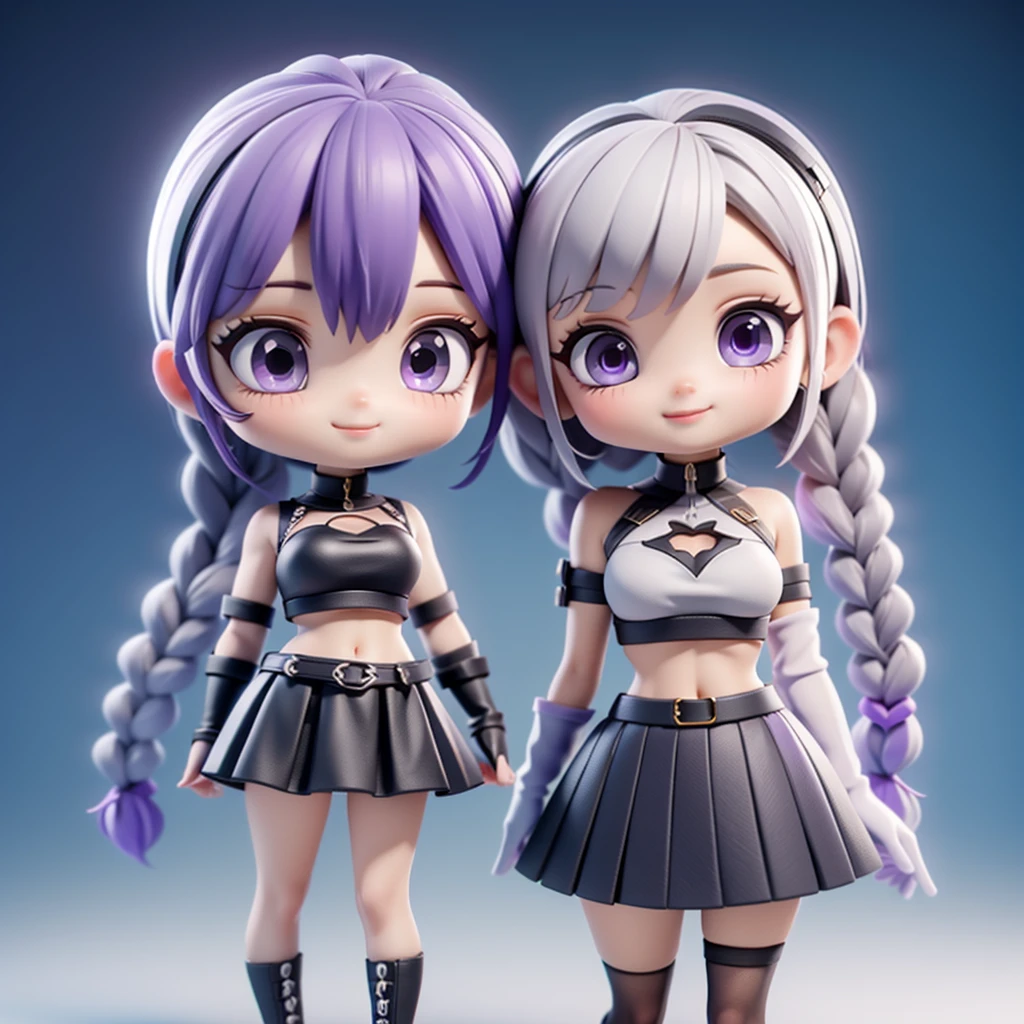 ちび男女のCouple3D Figure、cute、3D Figure、（Masterpiece、highest quality、Official Art、The best composition、CG、16K、Super detailed、Detailed eyes、Golden Ratio）、Couple（1boy,1girl)、girl（Purple eyes、Her hair is a milky white and purple gradient.、Double braid、Black and white diamond-shaped hair ornaments on both sides、Clothing Features（elbow gloves, bangs,bare shoulders, black skirt, dress, smile, side cutout,covered navel, side cutout,cryptic girl）、boy（Her hair is a short, black and white gradient.、cyber punk）、