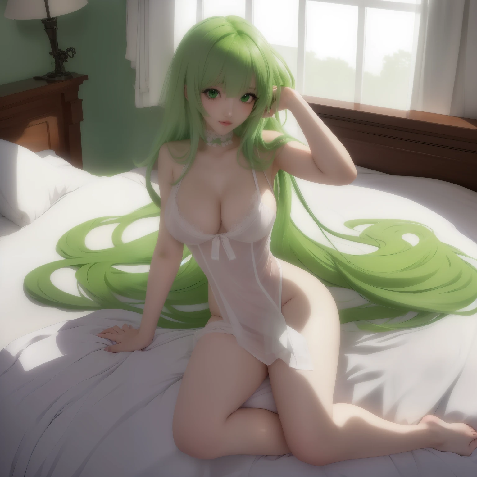 Anime girl, green hair, y, white night gown, transparent, full body shot, laying in bed, large bre