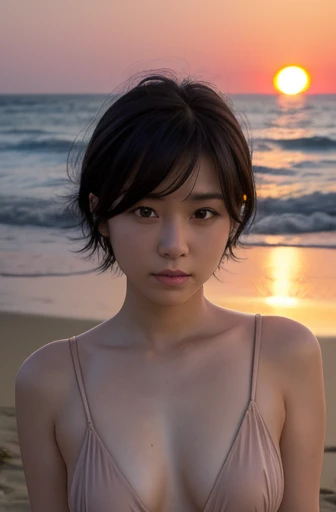 masterpiece, best quality,1girl,upper body,photorealistic,8k raw photo,midjourney style,,  short hair,black hair,{thick eyeblows},{{public huge hair}},nude,fullbody,sunset,Sandy Beach,japanese,25years old,sober,childhood friend,Bristles