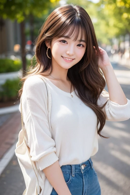 Produce the highest quality and highest resolution 8K images。The model is a 20-year-old Japanese woman.。The image depicts her posing and smiling for the camera.。She has brown eyes and a model figure.、She has an idol-level cute face.。The hair is wavy。Skin has a healthy color。Clothes、I'm wearing early summer clothes。
