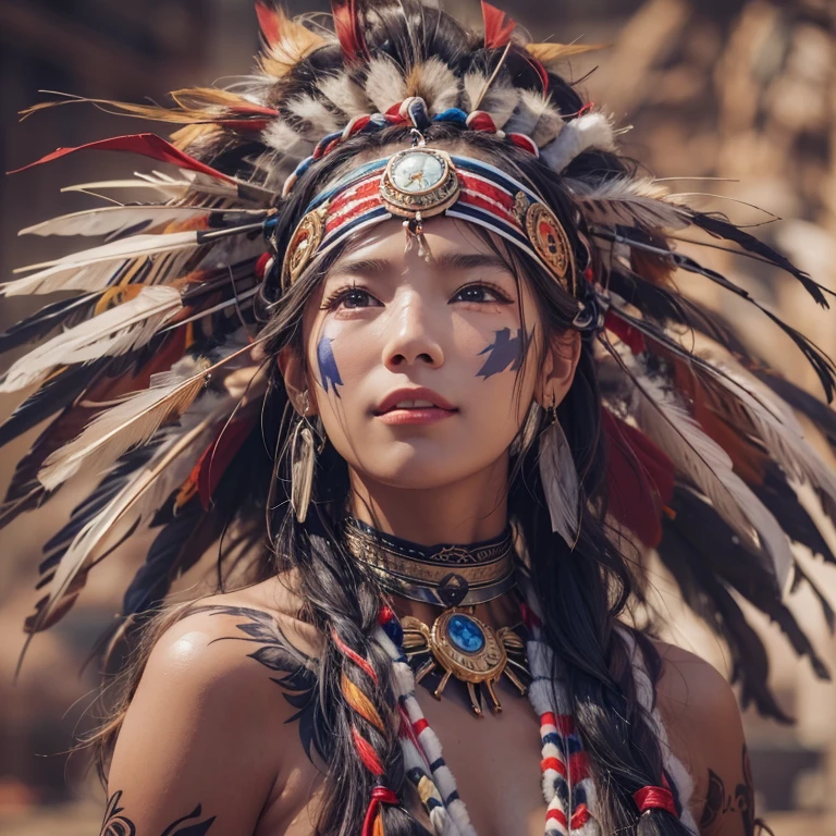 At the Grand Canyon、Hair flow、 ((highest quality、masterpiece、8k、Best image quality、Ultra-high resolution、Award-winning works)、(Accurate anatomy:1.1)、(Look at me and smile:1.1)、Shining fair skin with Ultra-high resolution、The most detailed face、Ultra-high resolution detailed face、Ultra-high resolutionの髪の毛、(Ultra-high resolutionの煌めく瞳:1.1)、Beautiful face drawn in every detail、(Blurred Background:1.1)、Native American Costume, American Indian Clothing, Chest to chest, tattoo、A real giant condor next to you。
