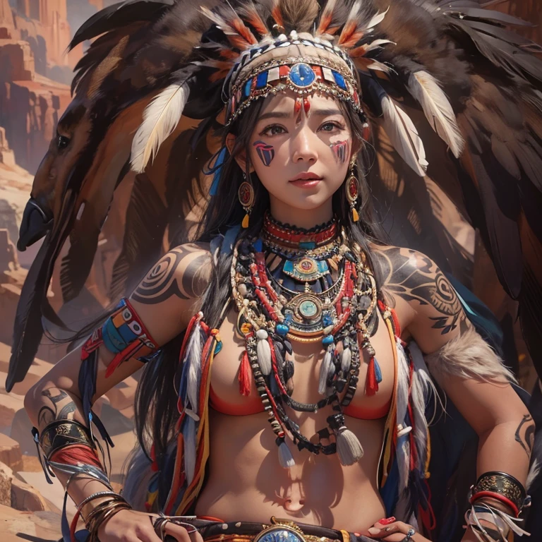 At the Grand Canyon、Hair flow、 ((highest quality、masterpiece、8k、Best image quality、Ultra-high resolution、Award-winning works)、(Accurate anatomy:1.1)、(Look at me and smile:1.1)、Shining fair skin with Ultra-high resolution、The most detailed face、Ultra-high resolution detailed face、Ultra-high resolutionの髪の毛、(Ultra-high resolutionの煌めく瞳:1.1)、Beautiful face drawn in every detail、(Blurred Background:1.1)、Native American Costume, American Indian Clothing, Chest to chest, tattoo、A real giant condor next to you。