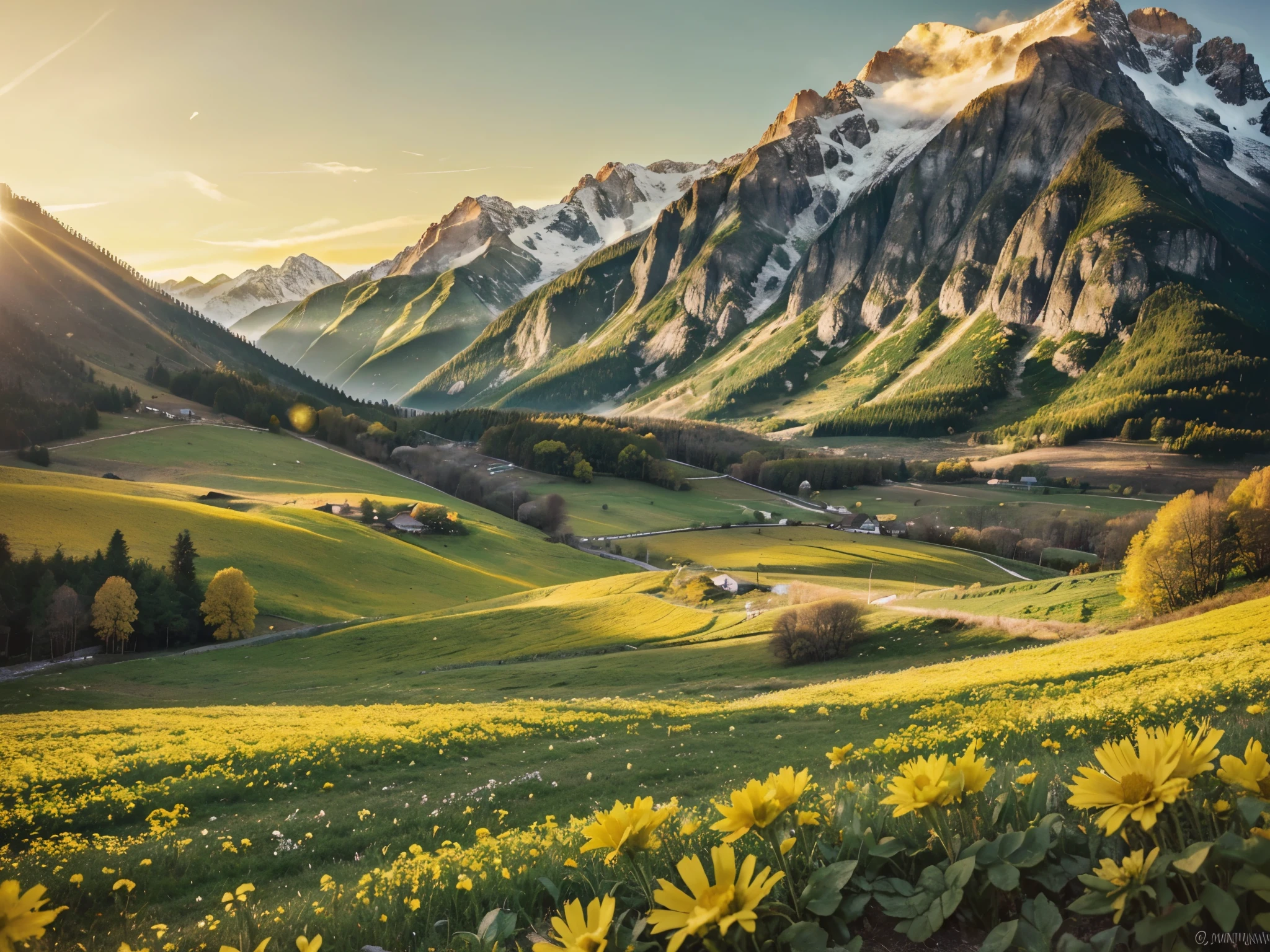 a close up of a field of flowers with a mountain in the background, stunning nature in background, warm beautiful scene, beatiful mountain background, natural landscape beauty, majestic nature scenery, heavenly landscape, yellow radiant magic, really beautiful nature, yellow mist, very beautiful photo, nature wallpaper, breathtaking landscape, golden morning light, beautiful wallpaper, yellow sky, golden rays of sunlight