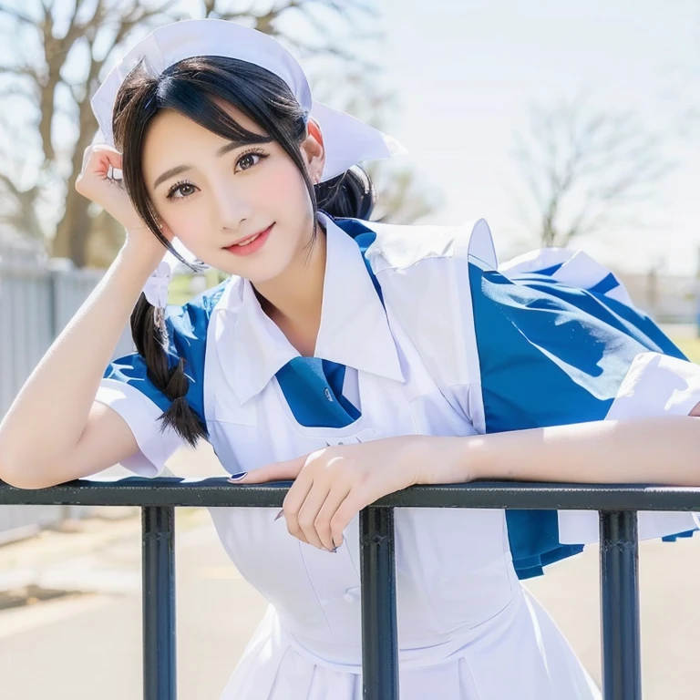 arafed woman in a white and blue set leaning on a fence, nurse girl, anime thai girl, girl wearing uniform, wearing maid uniform, Catboy's Cosplay! maid! set, nurse, Wearing a headmaster&#39;s uniform, anime girl in real life, ในsetกี่เพ้าสีน้ำเงิน, setกะลาสีปกเสื้อหลวม, ( Waiter ) girl, หญิงgirlที่น่ารัก