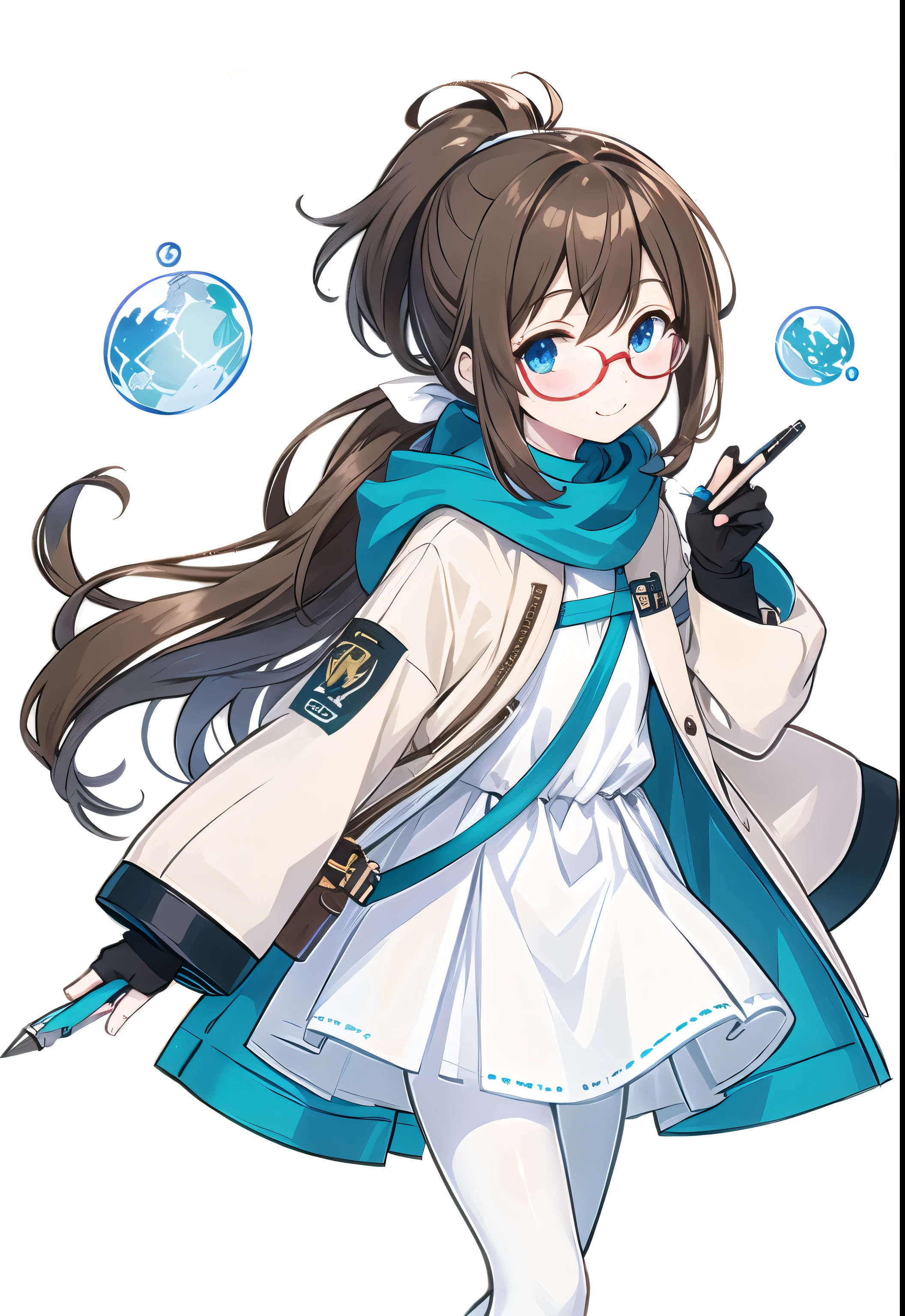 (Pixiv masterpiece),best quality,1 Boy,youth,Lovely,Kawaii,flat chest,Brown hair,blue eyes,long hair,disheveled hair,messy hair,sweater,Translucent coat,Fingerless gloves,white pantyhose,whole body,Transparent leg clothing,Single Ponytail,Half frame glasses,Smile,Pen in hand,Space Background