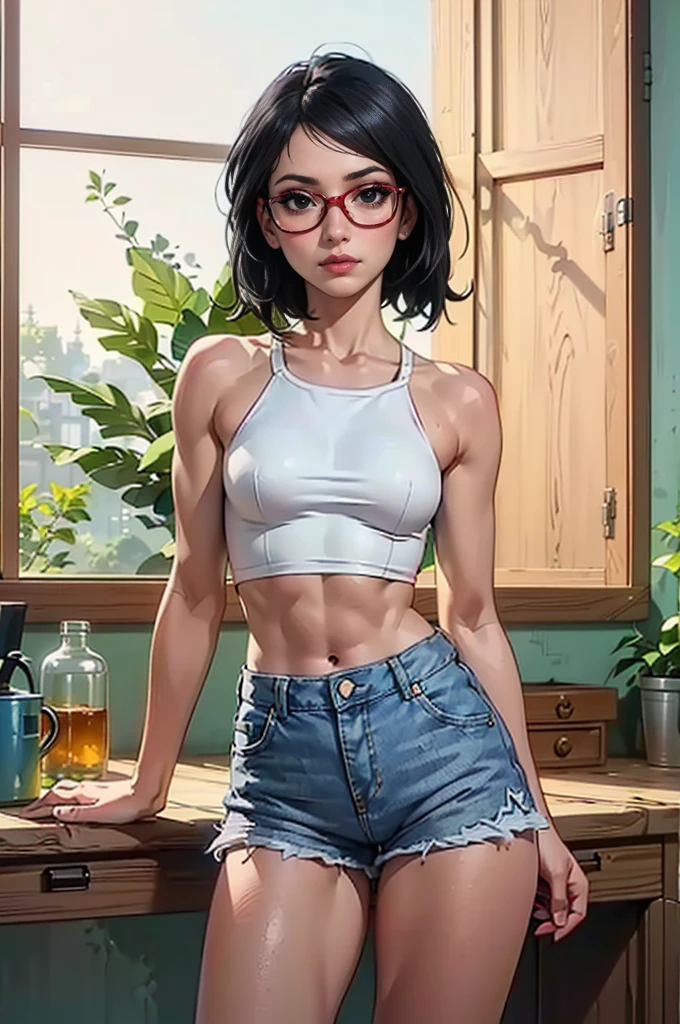 (1girl, Alone, alone), (WakatsukiRisa, Sarada uchiha, black hair, short hair, Black eyes, (small bust), red glasses), ((Alone, (1woman,pink lipstick, Black eyes), extremely detailed , Soft ambient lighting, 4K, perfect eyes, a perfect face, Perfect Lighting, the 1 girl)), ((fitness, , shapely body, athletic body, toned body)) , ((denim shorts, white tank top, window in the background, plants, garden, leaves, tree, bushes, flowers, wood))