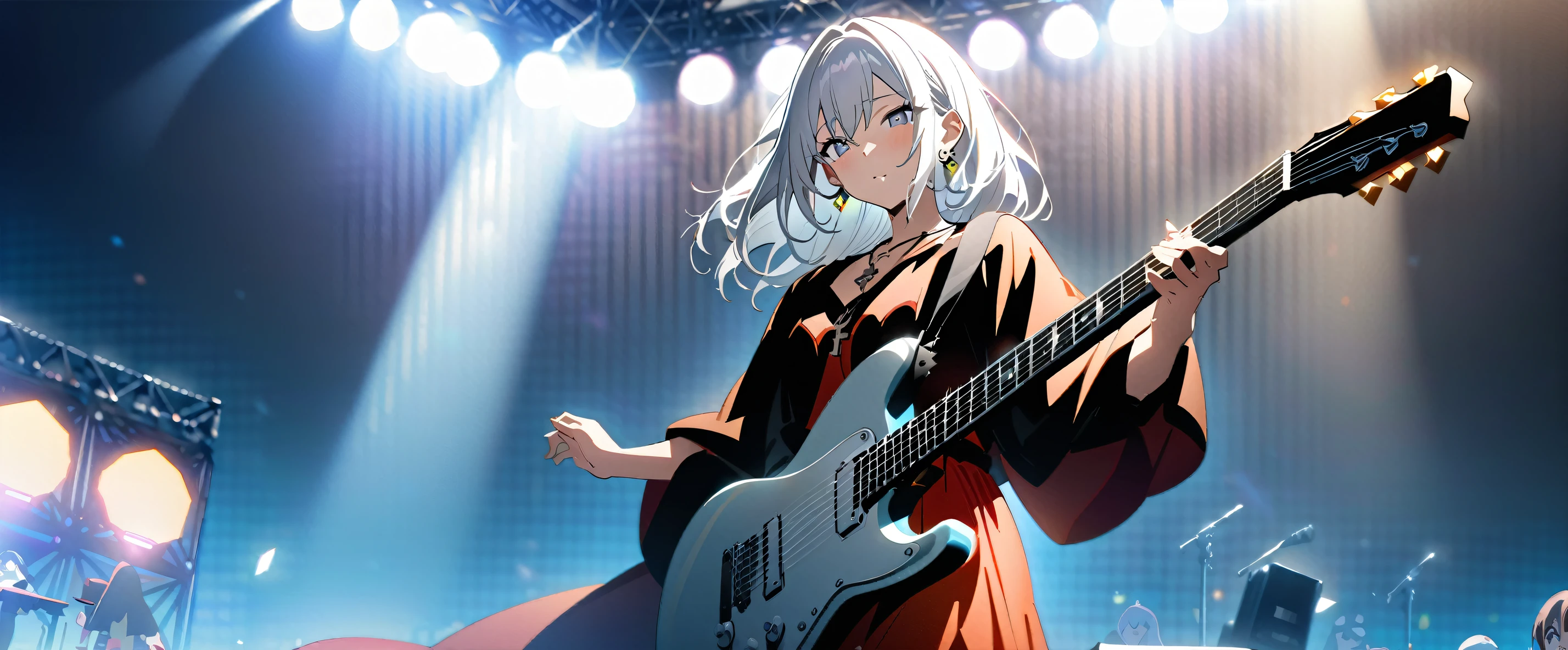 (((masterpiece,Highest quality))),((A wizard-style anime character girl with long silver hair and grey eyes holding and playing a guitar)),((An electric guitar designed to look like a key)),((Playing guitar on stage at an outdoor live festival during the summer day)),(((Wizard Robe Style Fashion,Key Necklace,Key Earrings))),Focus so you can see the whole body,(high quality),anime