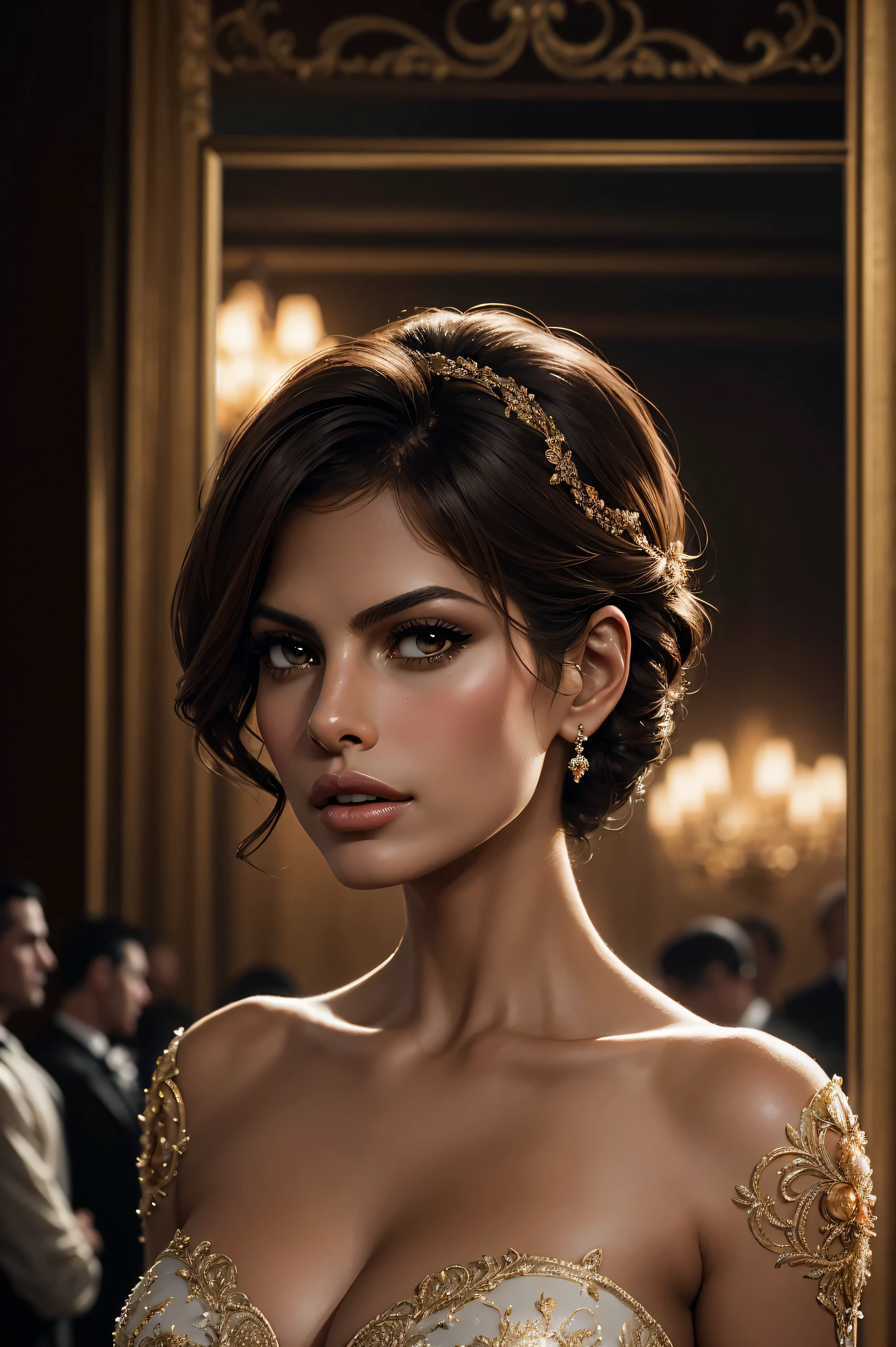 16k, portrait of Eva Mendes, wearing ball gown, against inside a crowded ballroom, character portrait, 3 9 9 0 s, short hair, intricate, elegant, highly detailed, digital painting, artstation, concept art, smooth, sharp focus, illustration, art by wlop, charlie bowater and alexandra fomina
