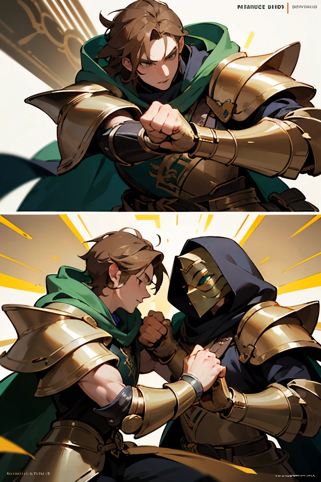 masterpiece, super high resolution, Male Bard with Green long hooded and metallic armor. light brown hair. Mask that covers only the mouth . Forearm-length gauntlets ((detailed)). bumping both fists together. DND characters