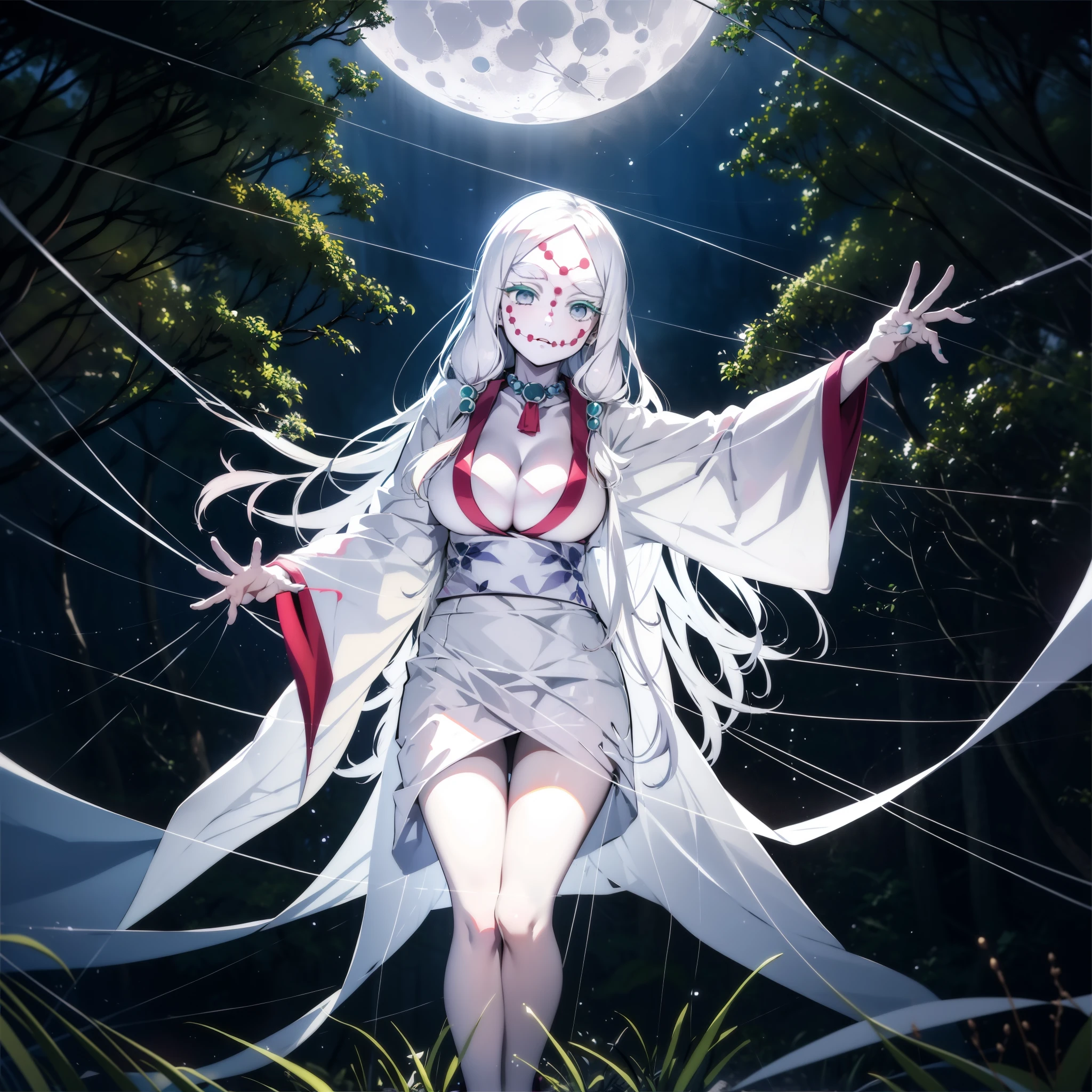 (masterpiece, best quality:1.2), kimetsu no yaiba style, MTSpiderV4, (1girl, solo), (front view, looking at viewer:1.1), (white long hair, white skin, white kimono), (large breasts, cleavage), (open arms for viewer, open each fingers), sitting on the rock, (forest with spider web back ground), night sky, (full moon, moon light)