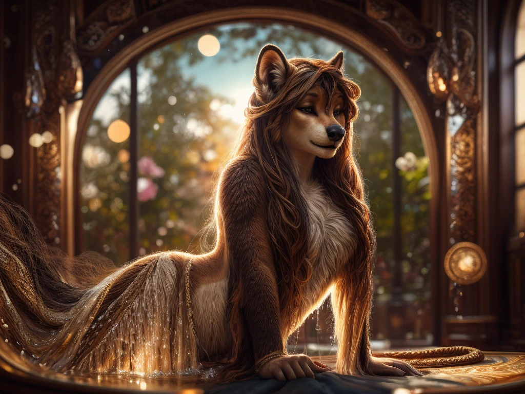 (Mucha style) , Bokeh , naked Photo session advertisement , Hallucination, daydream , realistic hairy fur , messy female , in the luxury hotel , artistic porn pose , erotica , show off Private parts , can not stand it any longer, Squirting pee , Water droplets splashing