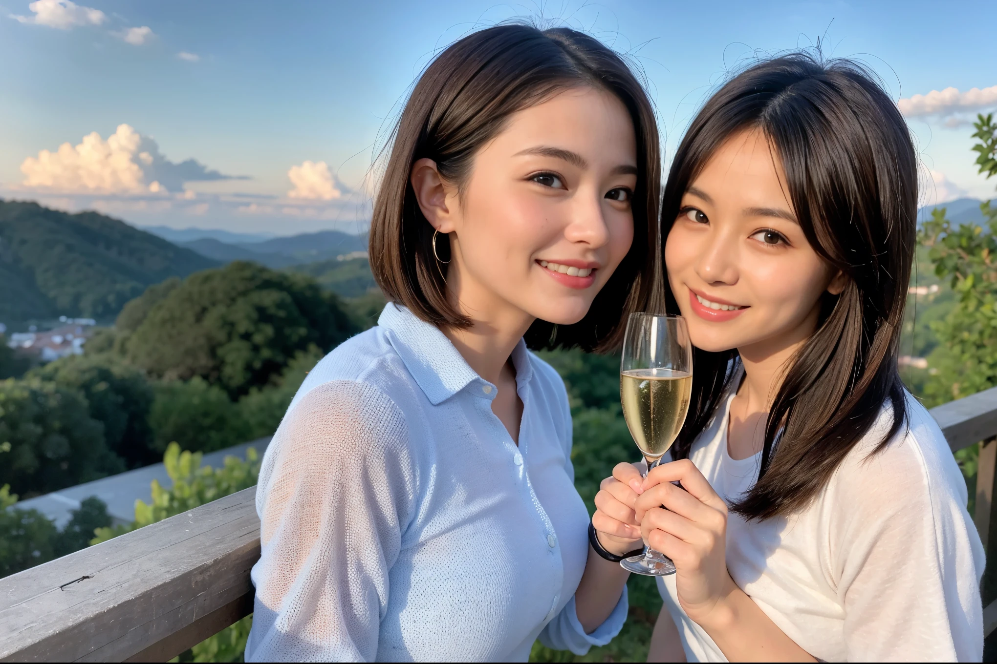 ((highest quality、8k、masterpiece:1.3))、1 male、1 female、石原さとみ似美女Couple、Spouse、Couple、The body is slim、((Bob Hale、Straight hair:1.2)), (Realistic, Intricate details:1.2), テーブルの上のwine glass、Shine light on your face、 Amazing view of the sunset sky and clouds、Amazing mountain views、A bright smile、The wonderfulness of smile、Bright image、The beauty of wine, Beautiful Face, blue eyes, The light shines on your face, Blushing, short hair,Bright Face、 (Age 37), "41 years old, red wine 、Appetizers、Italian food、Wine bottle、Champagne、sparkling wine、Two beauties、Brown Hair、Shortcuts、Long sleeve shirt、dress、Pretty Woman 1, (slimな顔), (The body is slim), (Brown Hair), (Shortcuts), cheeks turn a little red,Attractive beauty、restaurant, In a prominent place (From the waist up) Nova Frog Style, actress, model, Upper Body, White wine, slim, wine glass, 中央に置かれたwine glass, smile, (smile: 1.15), Beautiful fine grain, Depth f/2,saturation, High Contrast, Strong light and shadow,Moist Body:1.5、3D texture、Delicate eyes、Brown Hair、The hair is very shiny、