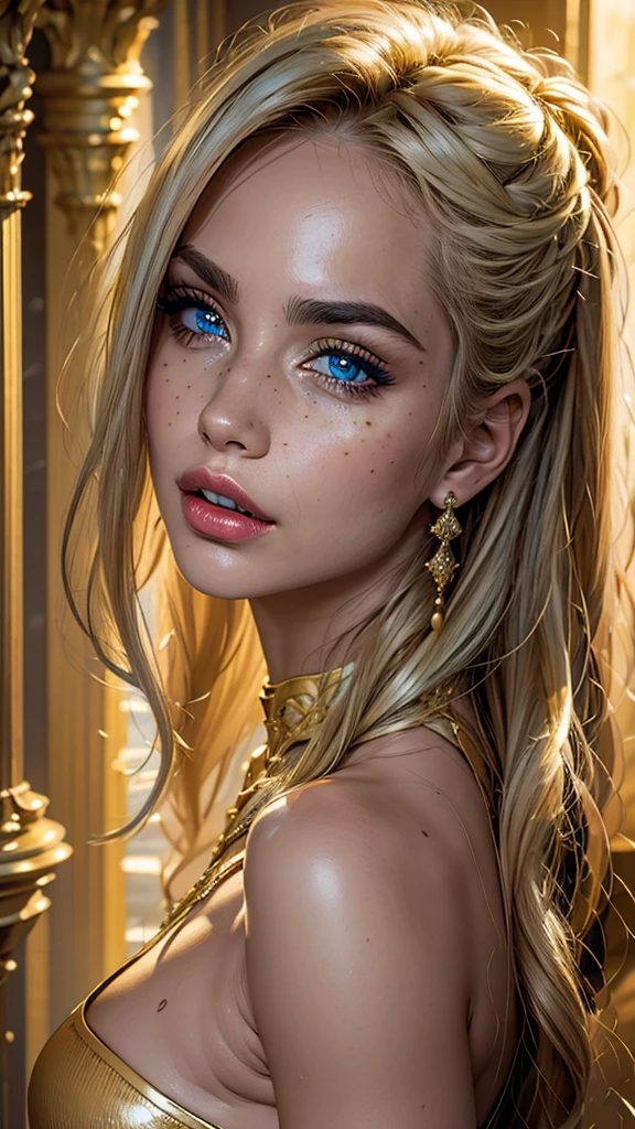 Obra maestra incomparable, CG ultrarrealista de (8K), obra de arte perfecta, ((imagen femenina perfecta)), mujer madura, cintura delgada, seductor, limpio, (hermoso rostro), (chica extremadamente delicada y hermosa) , (8K), {{{obra maestra}} }, 1 chica, pelo rubio, blue eyes, cola de caballo, joyas, labios, labiostick, ancho, constituir, labios, red labios, fondo sencillo, solo, parte superior del cuerpo, (piel brillante),