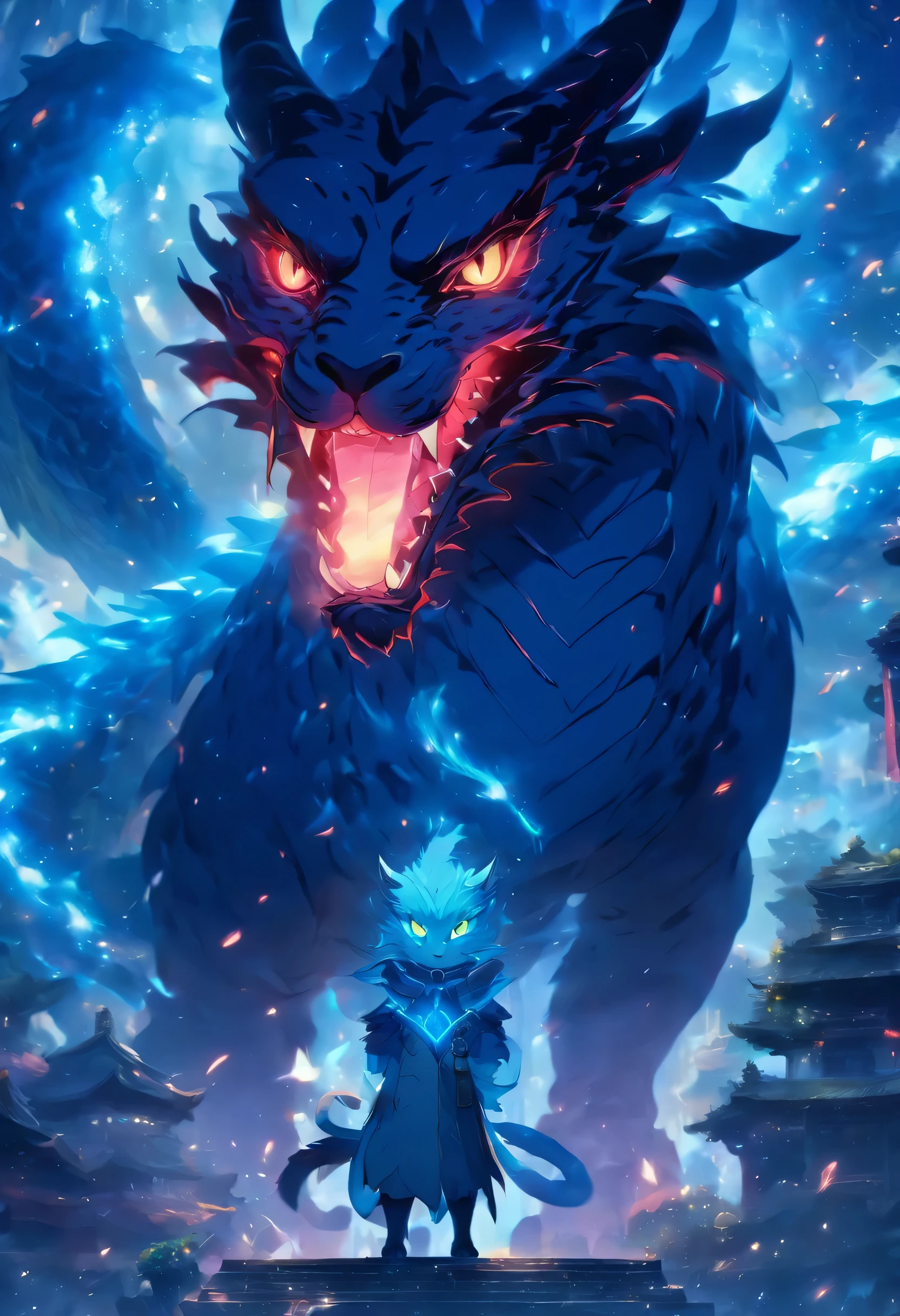 A small cat in front of a Massive myth Dragon who's intimidating her, myth, blue, Very big dragon, Very detailed, Exudes breath, Glowing eyes, exhibit, high quality, digital fantasy art,