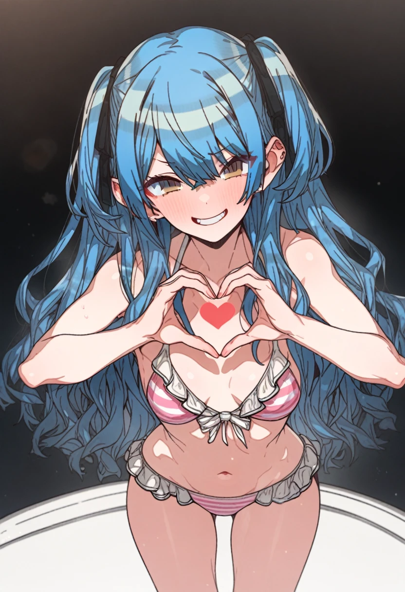 centered, standing in middle, perfectly centered character, center composition, hoshimachi_suisei, Artist, erere, Copyrights, idolmaster, idolmaster_shiny_colors, Character, General, 1girl, blue_hair, wavy_bangs, blush, breasts, smile, heart_hands, brown_eyes, censored, long_hair, medium_breasts, striped bikini, pink_bikini, frilled_bikini, navel, raised_eyebrow, teeth, two_side_up, ((full_body)), standing, (simple_background, white_backgroud, surrounded by white, chair in background), looking_at_viewer, facing_viewer, masterpiece, best_quality, great_quality, girl,
