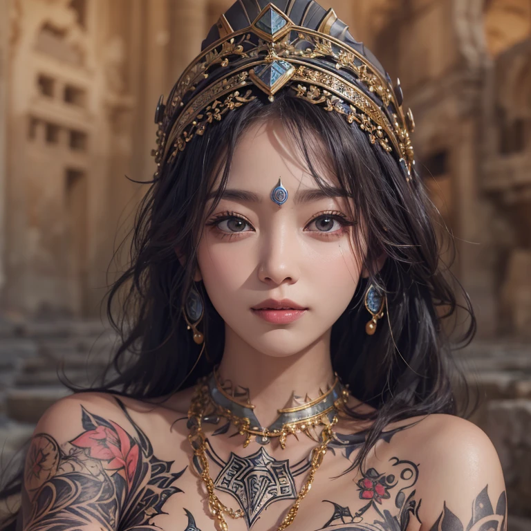 Hiding in the desert、Hair flow、 ((highest quality、masterpiece、8k、Best image quality、Ultra-high resolution、Award-winning works)、(Accurate anatomy:1.1)、(Look at me and smile:1.1)、Shining fair skin with Ultra-high resolution、The most detailed face、Ultra-high resolution detailed face、Ultra-high resolutionの髪の毛、(Ultra-high resolutionの煌めく瞳:1.1)、Beautiful face drawn in every detail、(Blurred Background:1.1)、Ancient Islamic clothing, Chest to chest, tattoo, Old ruins in the background、Sitting black panther