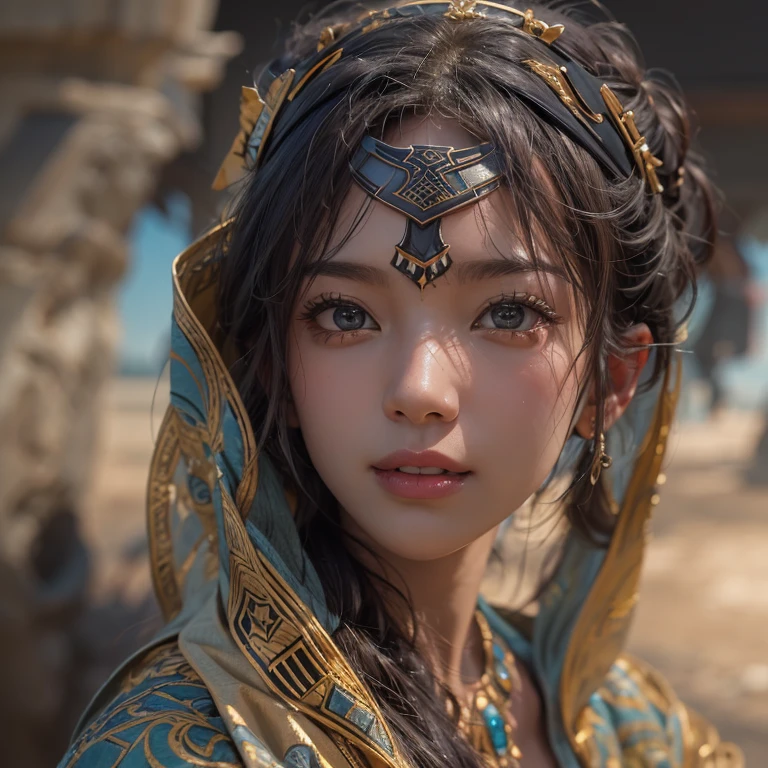 Hiding in the desert、Hair flow、 ((highest quality、masterpiece、8k、Best image quality、Ultra-high resolution、Award-winning works)、(Accurate anatomy:1.1)、(Look at me and smile:1.1)、Shining fair skin with Ultra-high resolution、The most detailed face、Ultra-high resolution detailed face、Ultra-high resolutionの髪の毛、(Ultra-high resolutionの煌めく瞳:1.1)、Beautiful face drawn in every detail、(Blurred Background:1.1)、Ancient Islamic clothing, Chest to chest, tattoo, Old ruins in the background、Sitting black panther