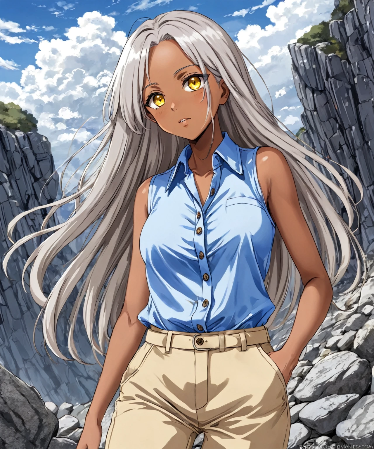 Brown skin beautiful sexy anime girl with long silver hair & yellow eyes, wearing blue sleeveless button up collared shirt & beige khaki pants, lost in a rocky landscape with cloudy skies, 1girl