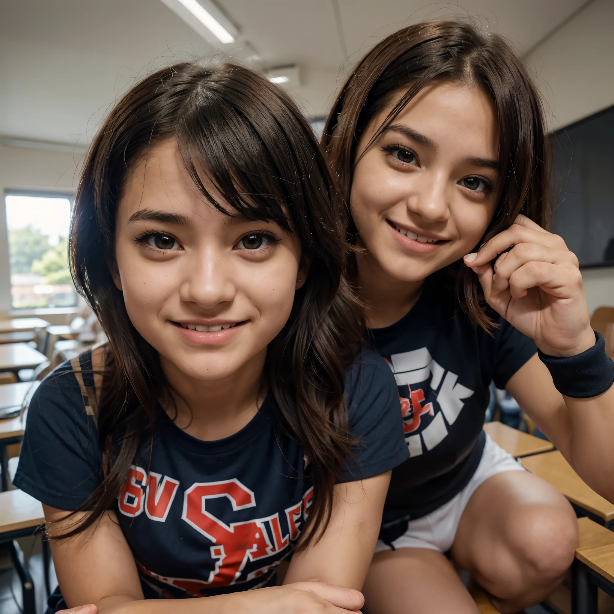 14 year old age girl, del anime My hero academia, cabello Rubio oscuro y de corte medio Sin flequillo y Liso. Ojos color miel y lentes puestos. Light skin and UA from class 1 A sitting in a classroom with a ready but also happy expression and with fingerless gloves on her hands that are holding a Spider-man themed notebook. Estilo anime de Boku no hero academia