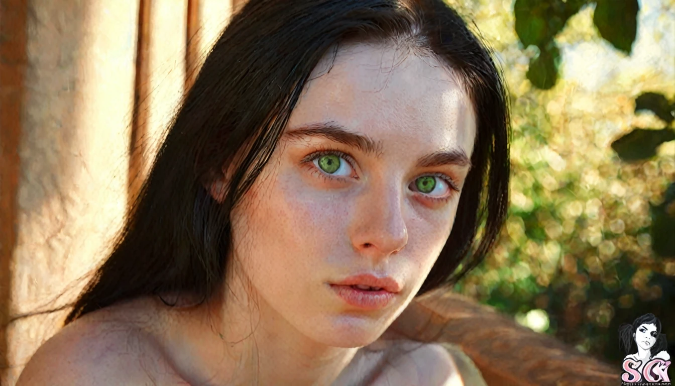 a beautiful young woman, black hair, green eyes, pale skin, serious expression, sunlight on face, masterpiece, photorealistic, 8k, cinematic lighting, highly detailed, hyper realistic, digital painting, oil painting, chiaroscuro, warm tones, natural lighting