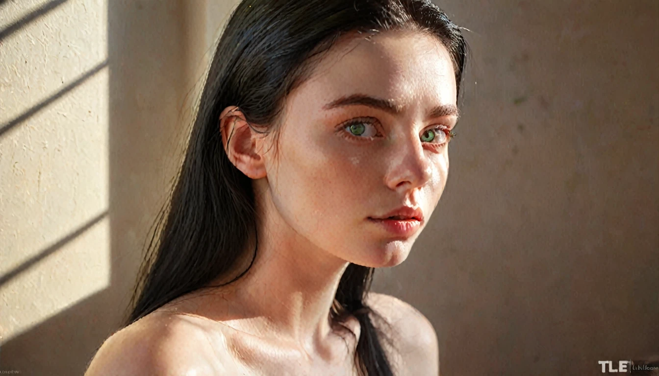 a beautiful young woman, black hair, green eyes, pale skin, serious expression, sunlight on face, masterpiece, photorealistic, 8k, cinematic lighting, highly detailed, hyper realistic, digital painting, oil painting, chiaroscuro, warm tones, natural lighting