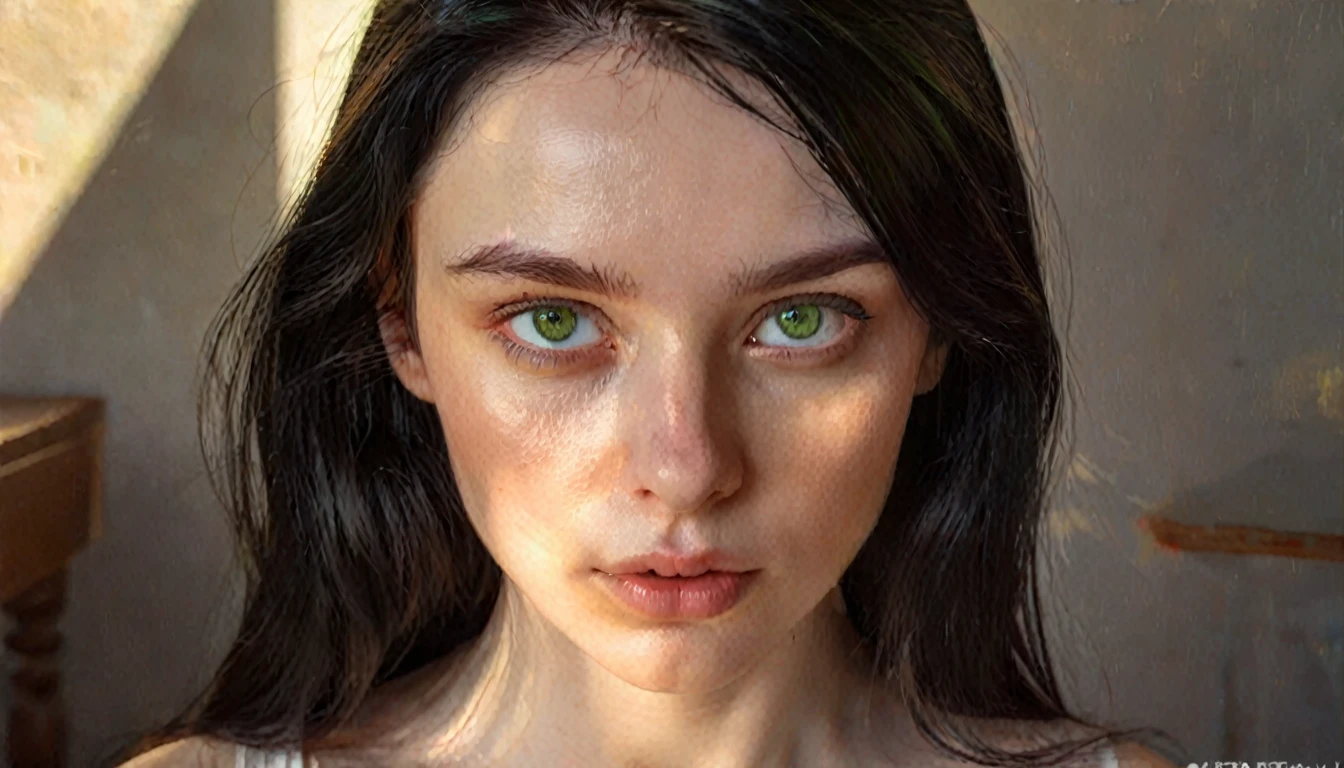 a beautiful young woman, black hair, green eyes, pale skin, serious expression, sunlight on face, masterpiece, photorealistic, 8k, cinematic lighting, highly detailed, hyper realistic, digital painting, oil painting, chiaroscuro, warm tones, natural lighting