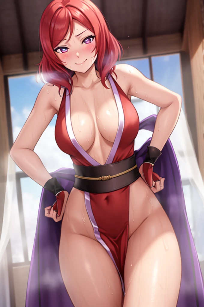 ((Masterpiece)), 8k wallpaper,,best quality,(standing ),(looking at viewer), purple eyes, ( perfect hips),(detailed position body),cowboy shot, nishikino maki, kunoichi dress, standing ,smile, (sweating:1.2), blushing, hands on hips 