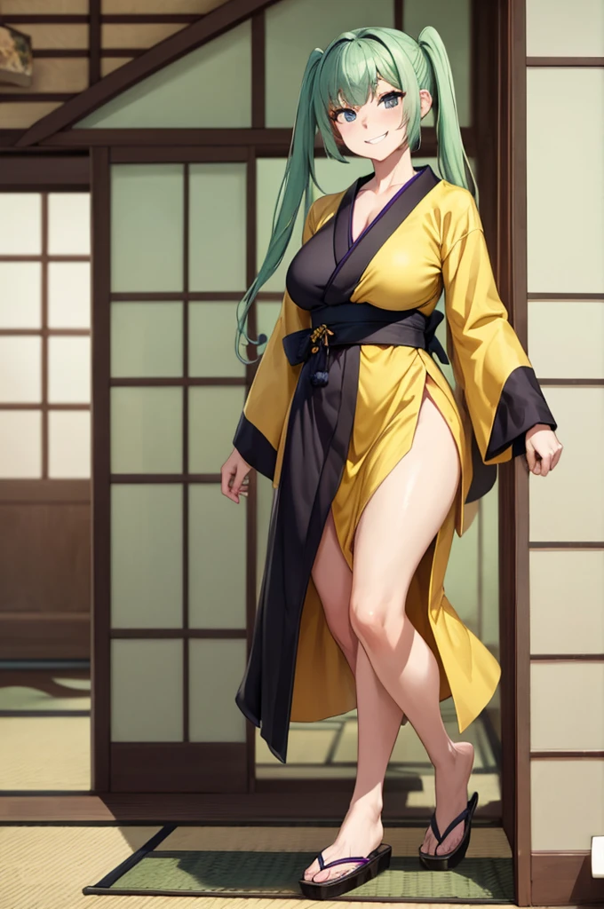 A woman wearing a yellow kimono with black details, long sleeves, weak green hair, pigtails, walking in a room of a Japanese house, smiling, big breasts, full body,.Surrealism, drop shadow, anaglyph, stereogram, tachi-e, pov, atmospheric perspective, 8k, super detail, ccurate, best quality, award winning, textured skin, highres, anatomically correct, (woman solo)

