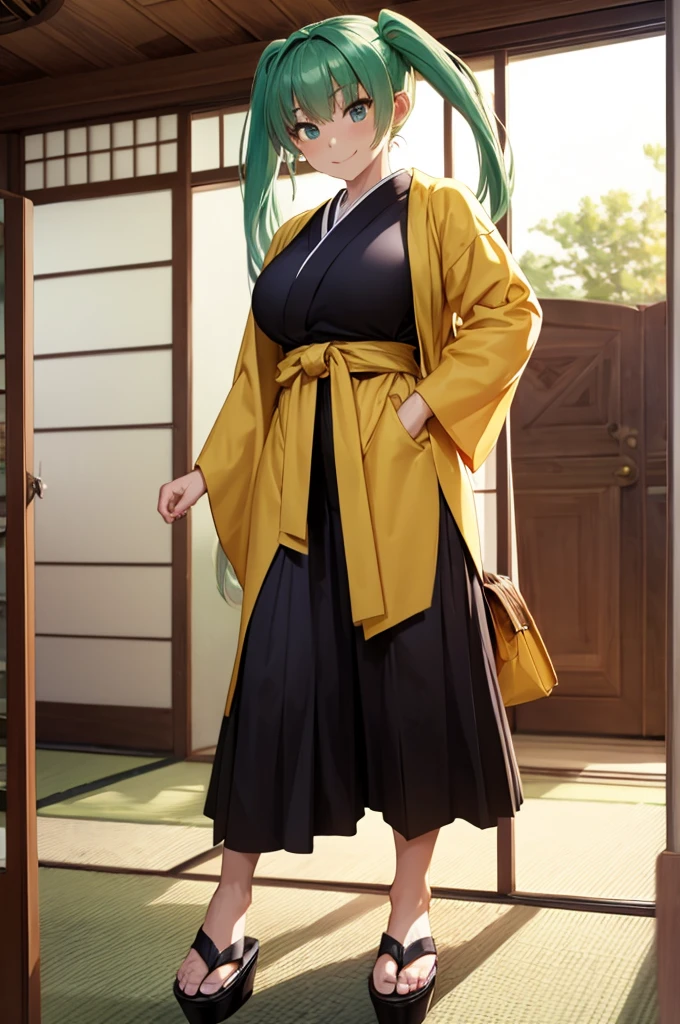 A woman wearing a yellow kimono with black details, long sleeves, weak green hair, pigtails, walking in a room of a Japanese house, smiling, big breasts, full body,.Surrealism, drop shadow, anaglyph, stereogram, tachi-e, pov, atmospheric perspective, 8k, super detail, ccurate, best quality, award winning, textured skin, highres, anatomically correct, (woman solo)