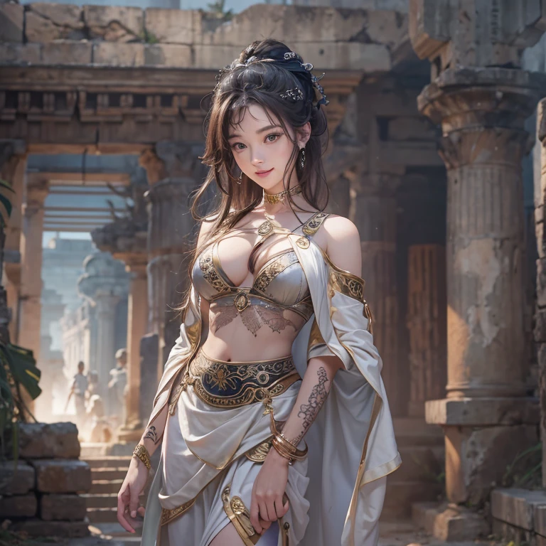 Hiding in the tomb、Hair flow、 ((highest quality、masterpiece、8k、Best image quality、Ultra-high resolution、Award-winning works)、(Accurate anatomy:1.1)、(Look at me and smile:1.1)、Shining fair skin with Ultra-high resolution、The most detailed face、Ultra-high resolution detailed face、Ultra-high resolutionの髪の毛、(Ultra-high resolutionの煌めく瞳:1.1)、Beautiful face drawn in every detail、Ancient Greek Clothing, Chest to chest, tattoo, Old ruins in the background、Ghosts around her