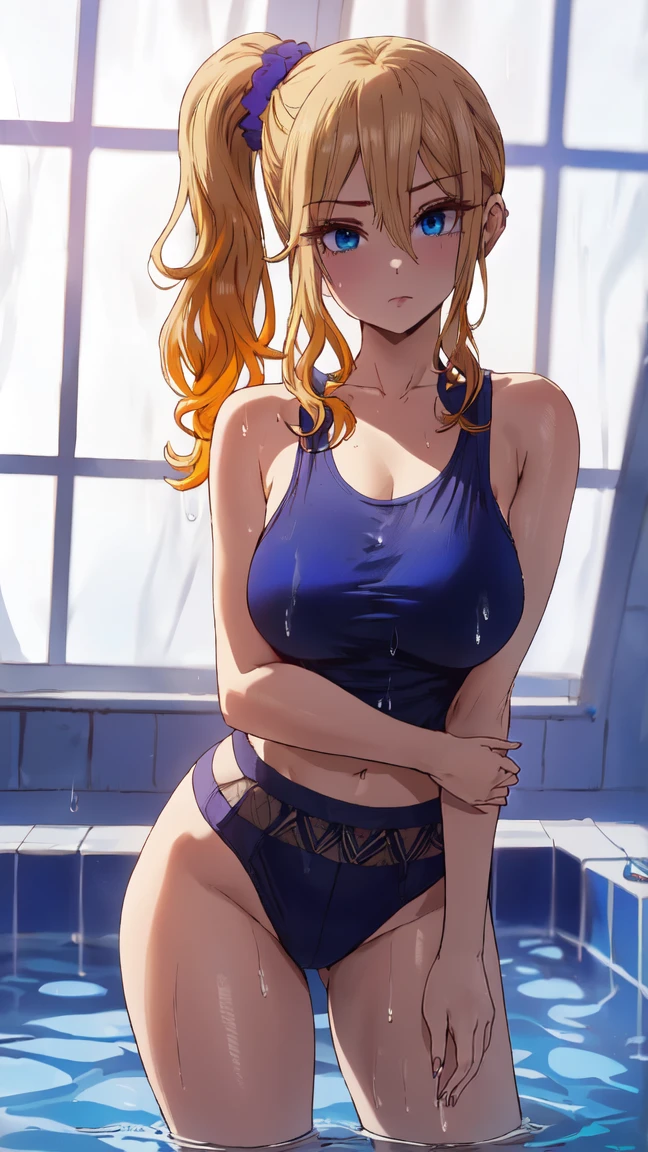 ai hayasaka, bangs, blue eyes, blonde hair, hair ornament, hair between eyes, sidelocks, side ponytail, scrunchie, hair scrunchie, blue scrunchie, (masterpiece, highest quality, best quality, official art, beautiful and aesthetic: 1.2), (1girl), extremely detailed, (fractal art: 1.3), colorful, highest detailed, perfect face, upper body, HDR, bright colors, standing, breast focus, breasts, huge breasts, bare breasts, boob window, sexy, detailed blue eyes, detailed face, detailed eyes, perfect face, perfect eyes, breast window, (full body), wet, sweat, glistering wet skin, pool, jacuzzi,