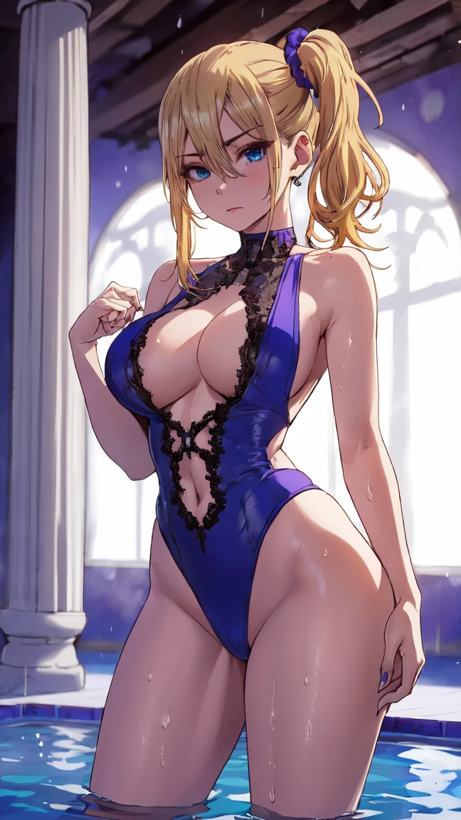 ai hayasaka, bangs, blue eyes, blonde hair, hair ornament, hair between eyes, sidelocks, side ponytail, scrunchie, hair scrunchie, blue scrunchie, (masterpiece, highest quality, best quality, official art, beautiful and aesthetic: 1.2), (1girl), extremely detailed, (fractal art: 1.3), colorful, highest detailed, perfect face, upper body, HDR, bright colors, standing, breast focus, breasts, huge breasts, bare breasts, boob window, sexy, detailed blue eyes, detailed face, detailed eyes, perfect face, perfect eyes, breast window, (full body), wet, sweat, glistering wet skin, pool, jacuzzi,