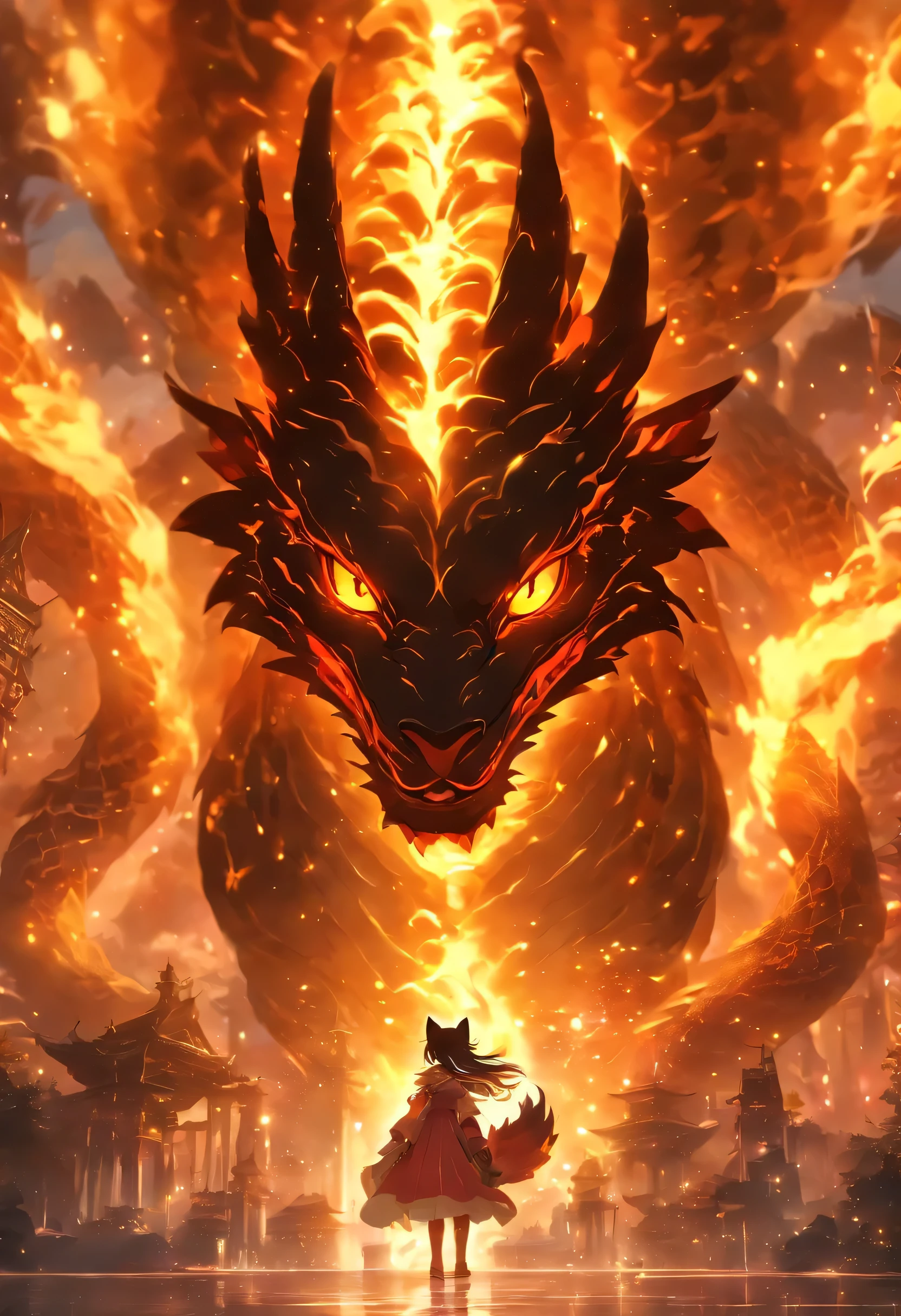 A small cat in front of a Massive myth Dragon who's intimidating her, myth, gold, Very big dragon, Very detailed, Exudes breath, Glowing eyes, exhibit, high quality, digital fantasy art,