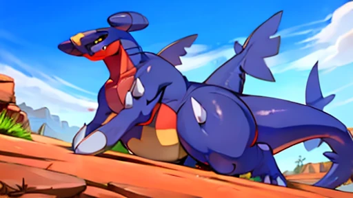Garchomp,, , enormous belly, massive belly, obese, view from below