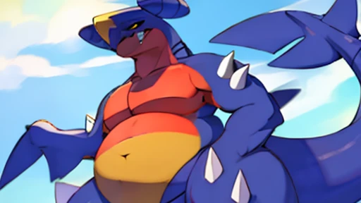 Druddigon, low poly, , Red face, blue body, yellow belly,, cool, low angle,