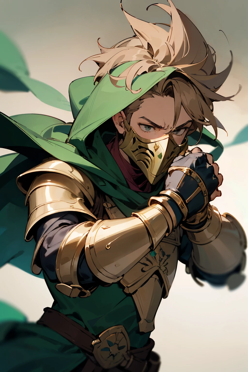 masterpiece, super high resolution, Male Bard with Green long hooded and metallic armor. light brown hair. Mask that covers only the mouth . Forearm-length gauntlets ((detailed)). bumping both fists. DND characters