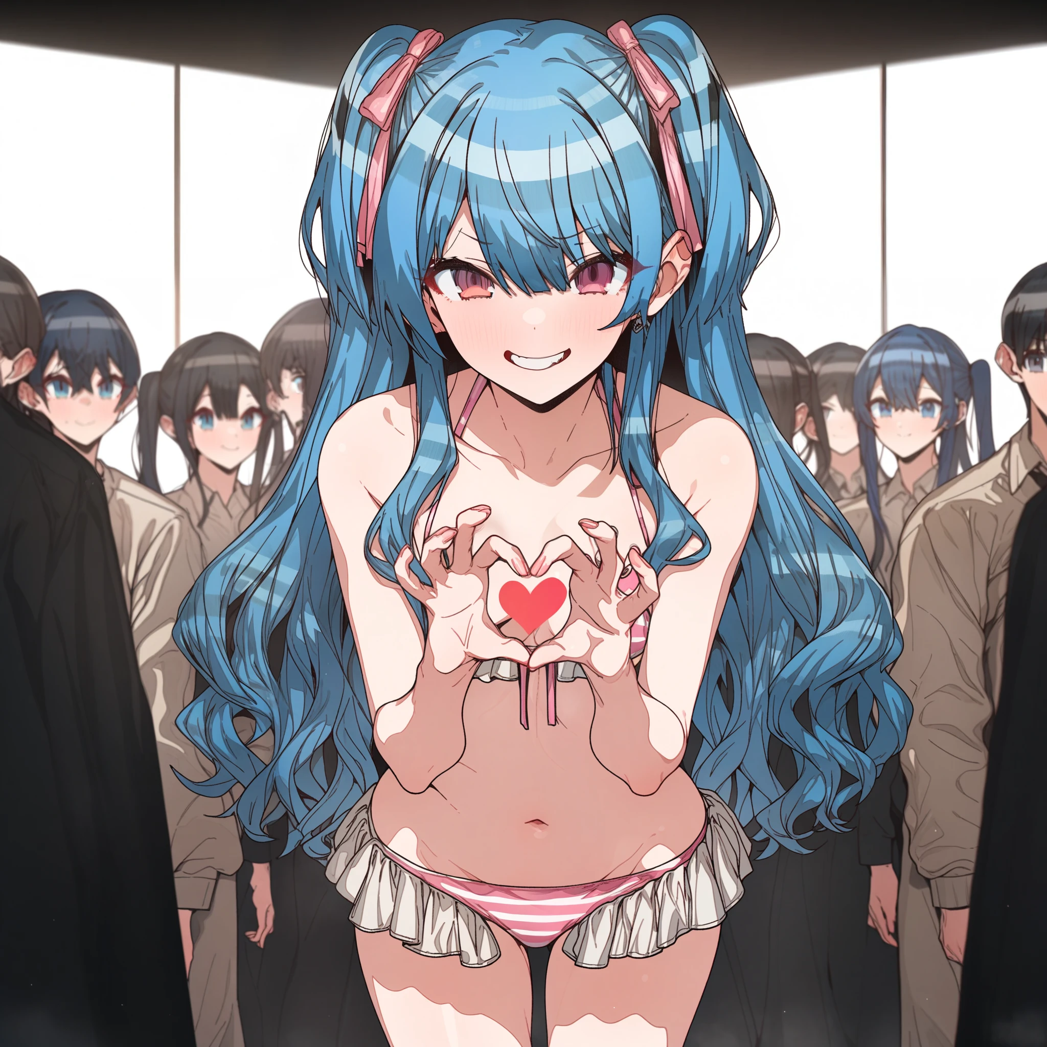 centered, standing in middle, perfectly centered character, center composition, hoshimachi_suisei, Artist, erere, Copyrights, idolmaster, idolmaster_shiny_colors, Character, General, 1girl, blue_hair, wavy_bangs, blush, breasts, smile, heart_hands, brown_eyes, censored, long_hair, medium_breasts, striped bikini, pink_bikini, frilled_bikini, navel, raised_eyebrow, teeth, two_side_up, ((full_body)), standing, (simple_background, white_backgroud, surrounded by white, chair in background), looking_at_viewer, facing_viewer, masterpiece, best_quality, great_quality, girl,