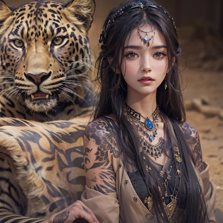 Hiding in the desert、Hair flow、 ((highest quality、masterpiece、8k、Best image quality、Ultra-high resolution、Award-winning works)、(Accurate anatomy:1.1)、(Look at me and smile:1.1)、Shining fair skin with Ultra-high resolution、The most detailed face、Ultra-high resolution detailed face、Ultra-high resolution hair、(Ultra-high resolutionのeyes :1.1)、Beautiful face drawn in every detail、(Blurred Background:1.1)、Ancient Islamic clothing, Chest to chest, tattoo, Old ruins in the background、Black leopard