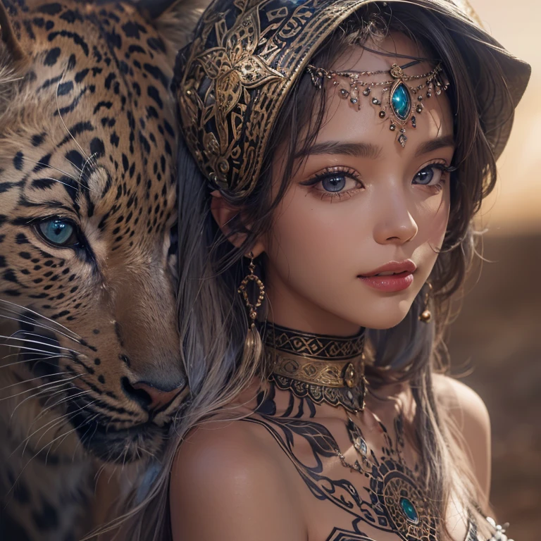 Hiding in the desert、Hair flow、 ((highest quality、masterpiece、8k、Best image quality、Ultra-high resolution、Award-winning works)、(Accurate anatomy:1.1)、(Look at me and smile:1.1)、Shining fair skin with Ultra-high resolution、The most detailed face、Ultra-high resolution detailed face、Ultra-high resolution hair、(Ultra-high resolutionのeyes :1.1)、Beautiful face drawn in every detail、(Blurred Background:1.1)、Ancient Islamic clothing, Chest to chest, tattoo, Old ruins in the background、Black leopard 