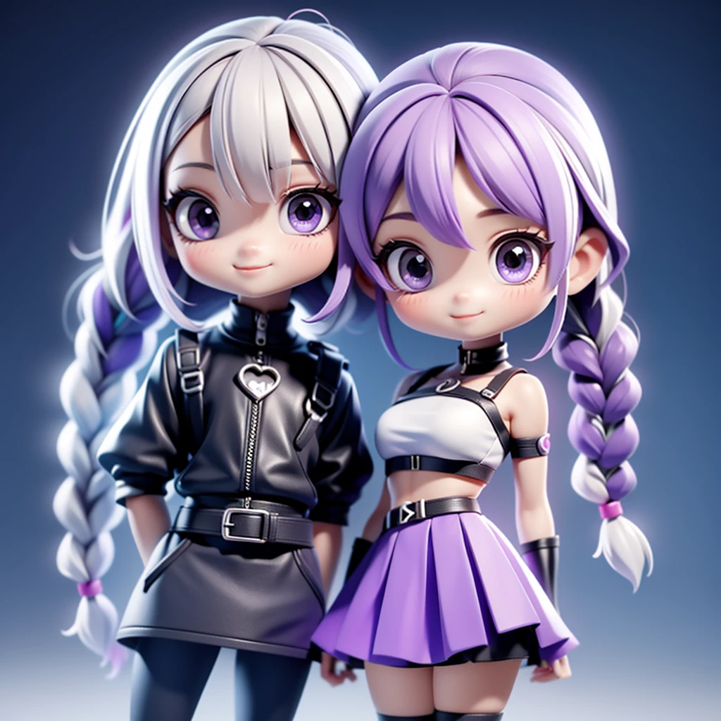 ちび男女のCouple3D Figure、cute、3D Figure、青と白の髪色のショートヘアのboy、ちびboy（Masterpiece、highest quality、Official Art、The best composition、CG、16K、Super detailed、Detailed eyes、Golden Ratio）、Couple（1boy,1girl)、girl（Purple eyes、Her hair is a milky white and purple gradient.、Double braid、Black and white diamond-shaped hair ornaments on both sides、Clothing Features（elbow gloves, bangs,bare shoulders, black skirt, dress, smile, side cutout,covered navel, side cutout,cryptic girl）、boy（Her hair is a short, black and white gradient.、cyber punk）、c0upl3