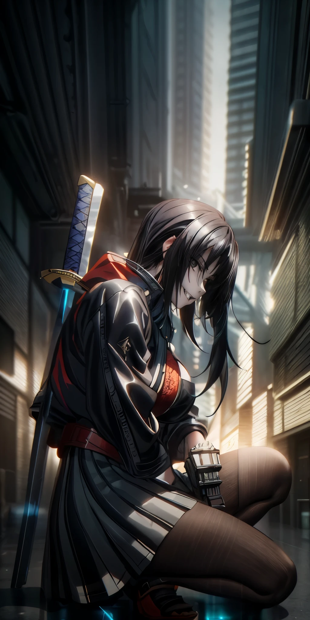 ((black hair, long hair:1.3)), black eyes, pale skin, anatomically correct, heavy breathing, huge breasts, epic art, fantasy, anime girl kneeling down with a sword in her hand, badass anime 8 k, artwork in the style of guweiz, ross tran 8 k, cinematic. by leng jun, 2. 5 d cgi anime fantasy artwork, anime style 4 k, ross tran and wlop, very beautiful cyberpunk samurai, guweiz on artstation pixiv, facing viewer, "glow effects, godrays, Hand drawn, render, 8k, octane render, cinema 4d, blender, dark, atmospheric 4k ultra detailed, cinematic, Sharp focus, big depth of field, Masterpiece, colors, 3d octane render, 4k, concept art, trending on artstation, hyperrealistic, Vivid colors, extremely detailed CG unity 8k wallpaper, trending on CGSociety, Intricate, High Detail, dramatic", (shaded face:1.2), hollow eyes, black eyes, looking at viewer, (heavy breathing:1.2), smirk, upper teeth, 
