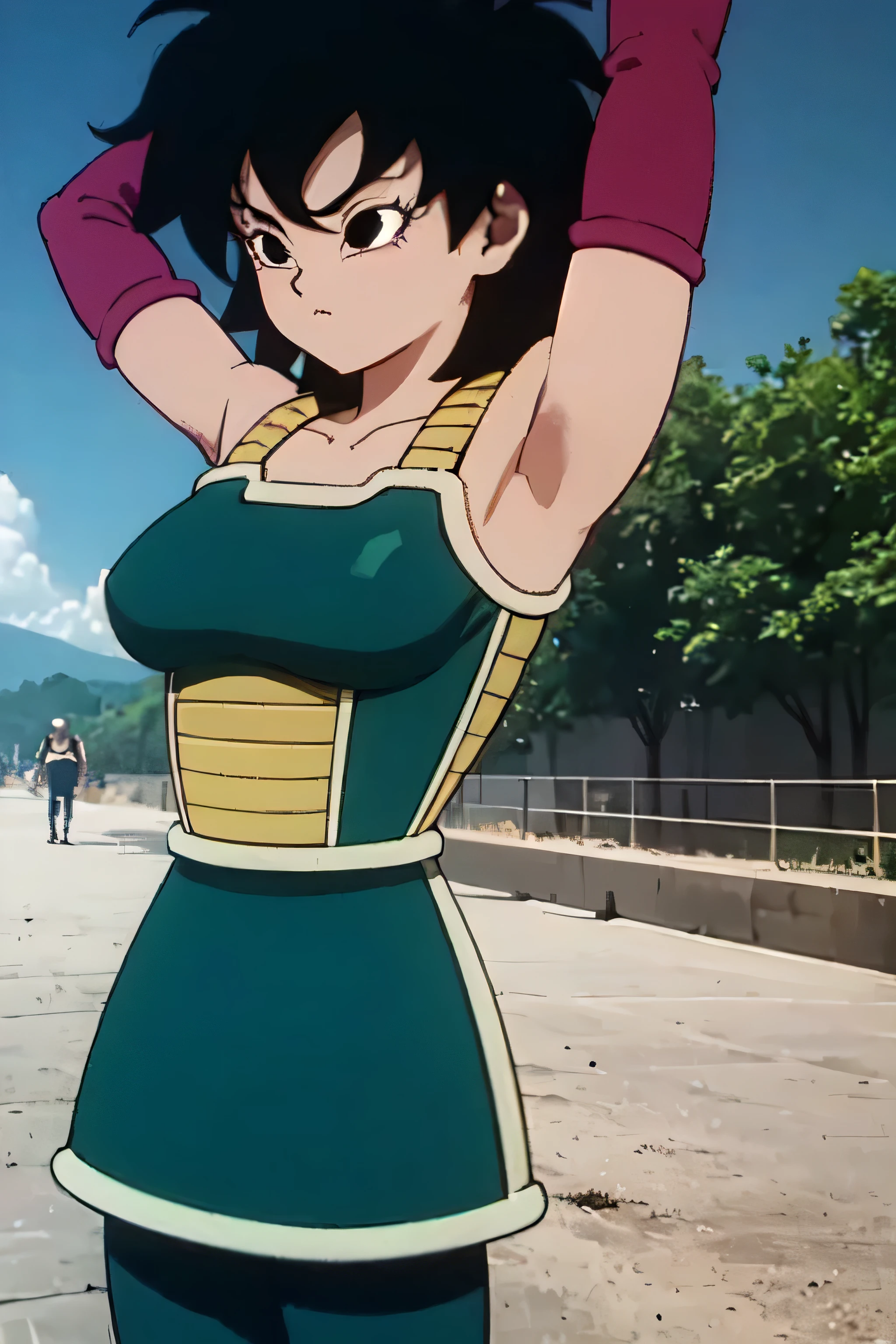 gine,short black hair, black eyes, bare shoulders,pink wristbands,breastplate, green saiyan armor,green skirt,pantyhose, fighting pose, village, blue sky, high quality, masterpiece mature appearance,armpits,sweat,sweaty,sweaty armpits,arms up,showing armpits,awesome armpits,outfit,blackish red arm warmers,maroon arm bands, maroon arm warmers,both arms raised