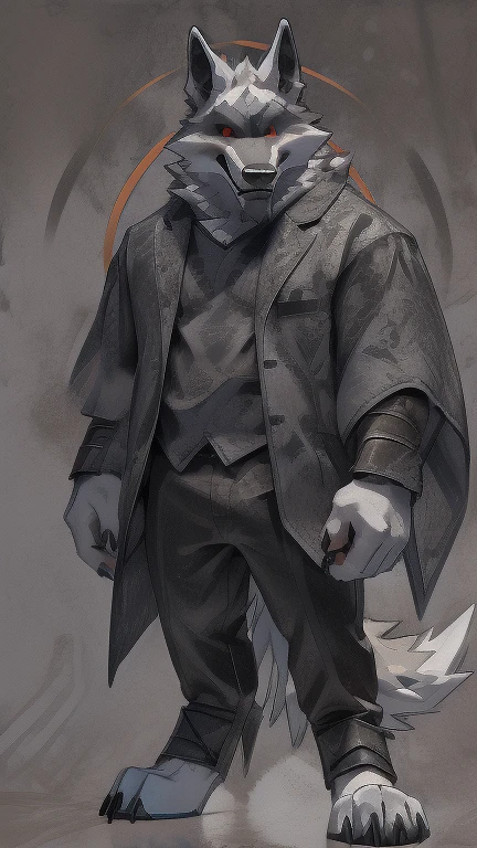 (masterpiece, best quality:1.2), death wolf, furry, he wears a black t-shirt with a gray vest with red spikes on the shoulders and black pants, using a Dor-15 bowler hat full body image