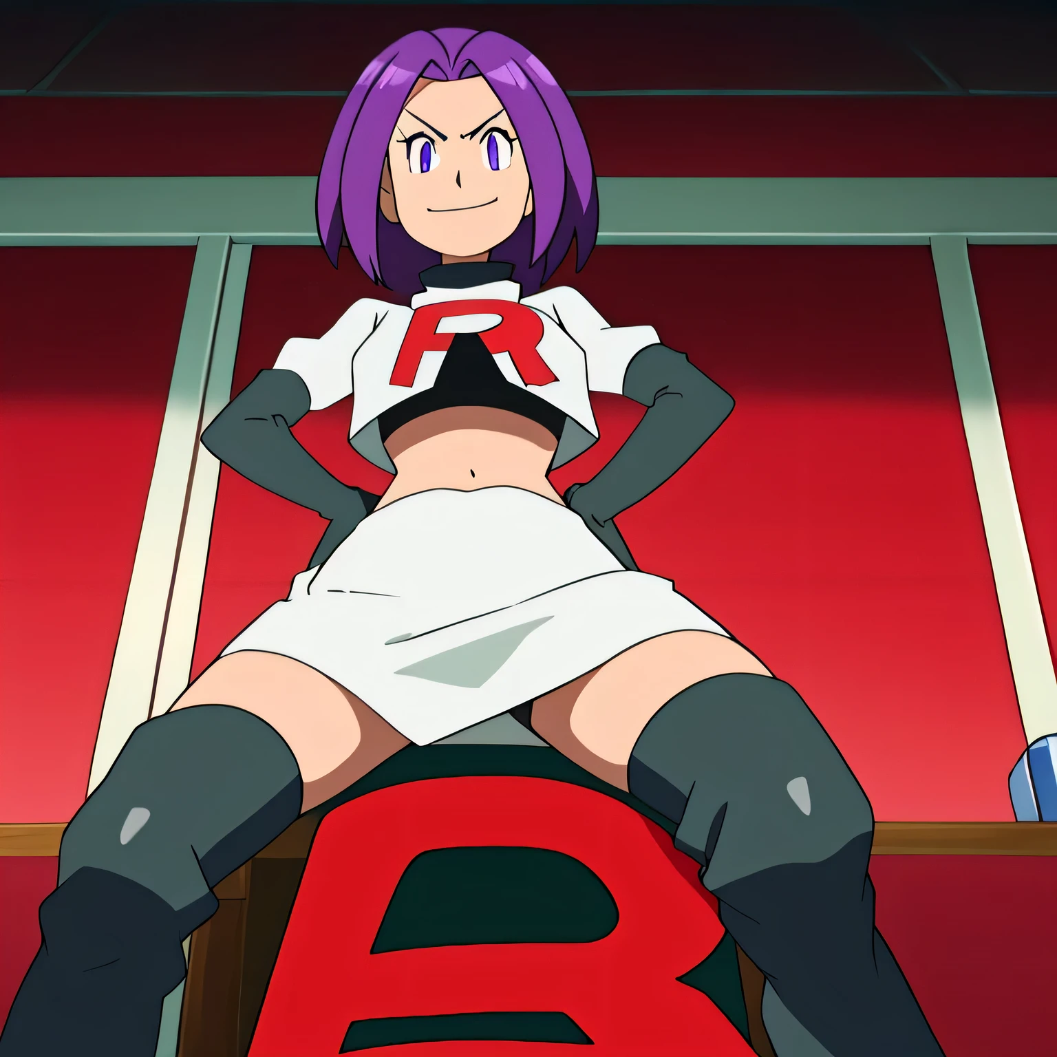 Colorful , masutepiece, Best Quality, 1girl in, , purple hair, middle hair, spike hair, Evil Female Executive, Goth ta Costume, a miniskirt, White stockings, Large red ribbon, a choker, White inner, black clothes, Sadistic smile, evil smile, bkack boots, bat wings, , from below, looking at viewer, trample on viewer,masterpiece,best quality,high res,high quality,8k, masterpiece,highres, team rocket uniform, red letter r, white skirt,white crop top,black thigh-high boots, black elbow gloves, glaring angrily, looking down at viewer, hands on hips, cowboy shot, zettai ryouiki,sitting on toilet.spread legs,from below, black panties,detailed facial features, highly detailed, 8k, photorealistic, vibrant colors, dramatic lighting, cinematic composition,