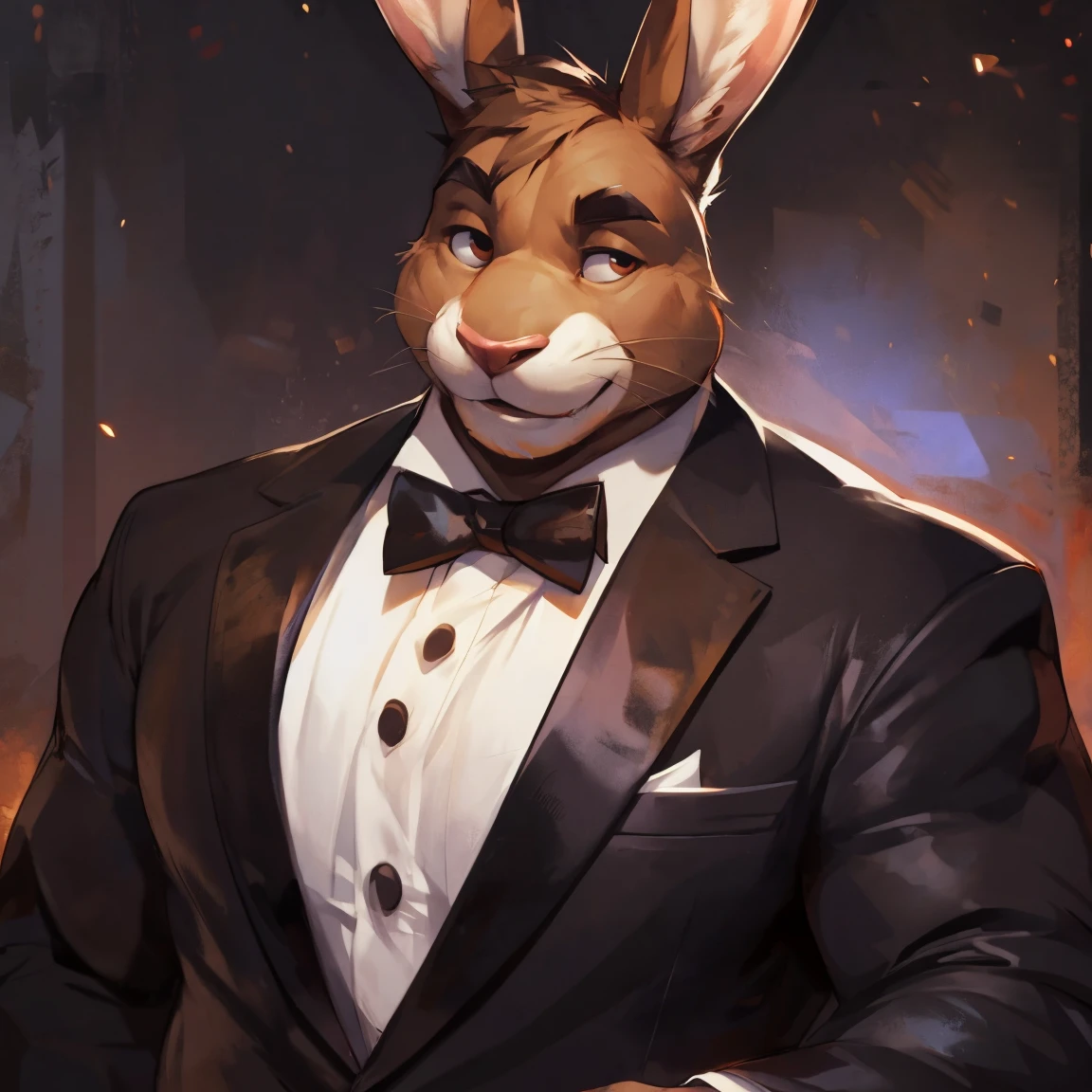 Light brown hare, in one color tone, with long ears, in tuxedo, black tuxedo, chest, big chest view, by darkgem, by mystikfox61, by glitter trap boy