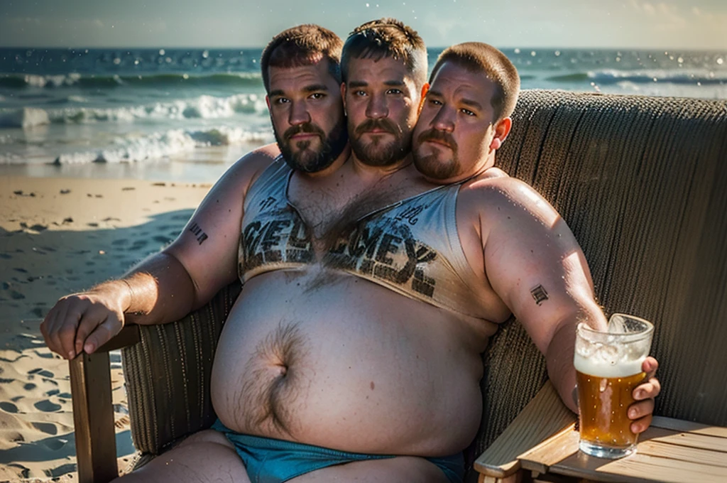 (((2heads))), solo, ((((larry the cable guy)))), middle aged, male, long hair, facial hair, (((obese, overweight, fat, chubby, heavy, dadbod, masculine, beefy))), ((shirtless, speedo)), navel, body hair, dreamy atmosphere, dark cyan and red, i can't believe how beautiful this is, serene atmosphere, epic realistic, intricate, highly detailed, (depth of field:1.4), faded, (neutral colors:1.2), (hdr:1.4), (muted colors:1.2), hyperdetailed, (artstation:1.4), cinematic, (intricate details:1.1), beach scenery, (rutkowski:0.66), (skin texture:1.2), detailed expressions, natural pose, sitting in beach chair, holding beer bottle, portrait view