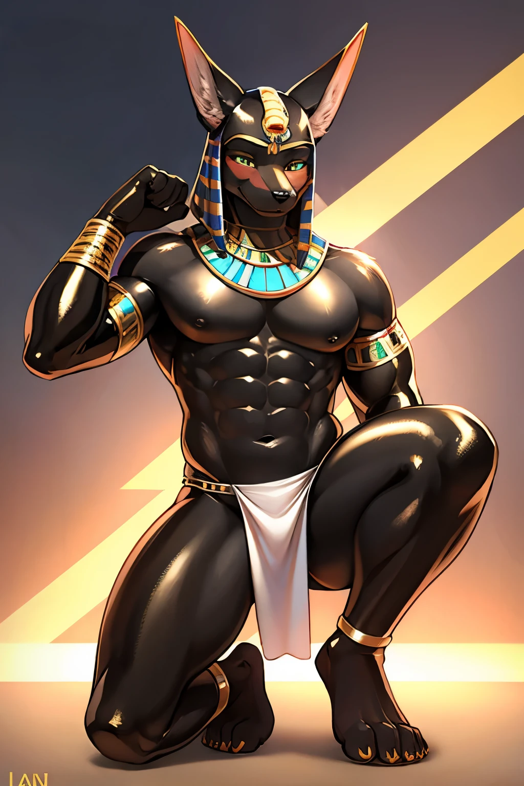 Muscular rubber jackal, latex, Egyptian, with loincloth, e of rubber, barefoot