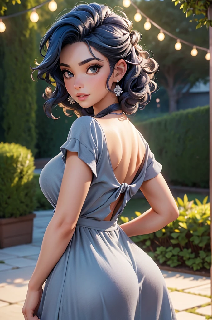 (best quality, highres, ultra-detailed:1.2), realistic, beautiful detailed eyes, beautiful detailed lips, detailed face, curly (blue:1.1) hair, elegant gray dress, brown eyes, deep, energetic, (big:1.1) ass, (big:1.1) , garden scene, night ambiance