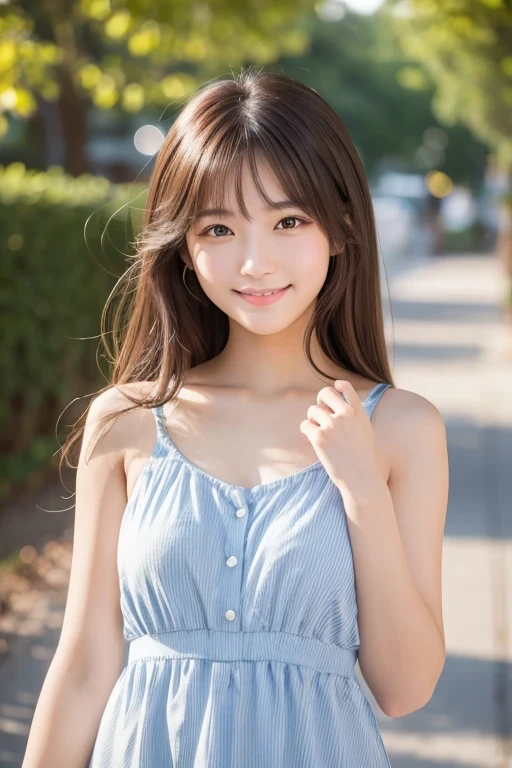 Produce the highest quality and highest resolution 8K images。The model is a 20-year-old Japanese woman.。The image depicts her posing and smiling for the camera.。She has brown eyes and a model figure.、She has an idol-level cute face.。The hair is long。Skin has a healthy color。Clothes、I'm wearing early summer clothes。